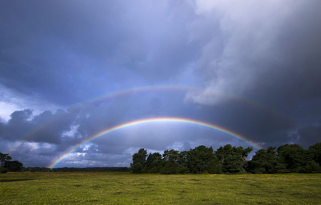 Two rainbows hang above a field with a tree line amongst a cloudy sky.