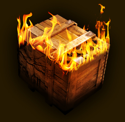 A wooden crate on fire