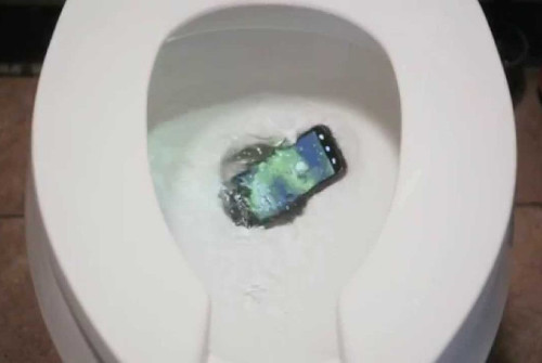 a cellular phone dropped into a toilet bowl