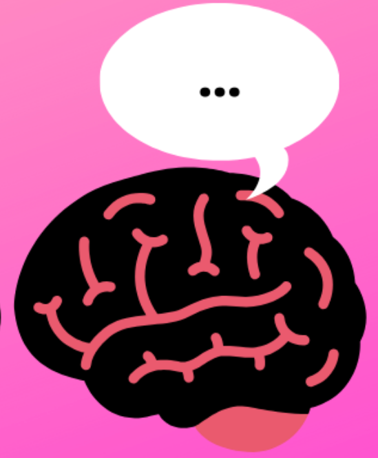 A picture of a comic brain with a thought bubble that contains "..." on a pink background.