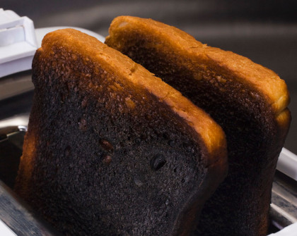 Two pieces of burnt toast.