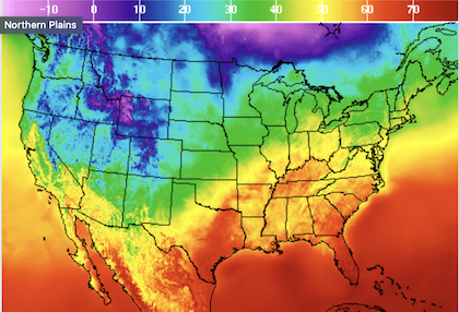 An image of the continental US with a temperature gradient ranging in temperatures from -10 to 70 degrees Fahrenheit.  Also, it sucks to spell fahrenheit.