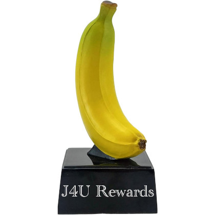 A trophy that looks like a banana on a plaque entitled "J4U Rewards"