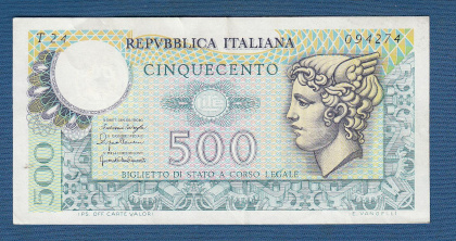 An image of a bank note of 500 Italian Lira.