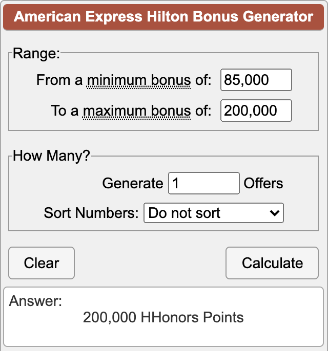 A computer program with the title "American Express Hilton Bonus Generator" with a minimum bonus of 85,000 and a maximum bonus of 200,000.