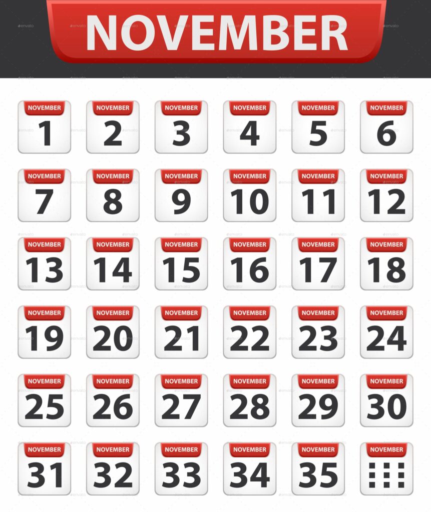 An image of a November calendar with 35 days.